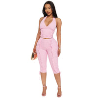 Womens Backless Tank Top And Cropped Pants Set