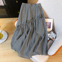 Summer Elastic Waist French Black And White Plaid Irregular A- Line Skirt