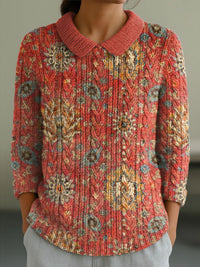 Autumn And Winter New Women's Doll Collar Knitted Jacquard Fabric French Retro Printed Top