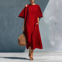 Solid-color Linen Crew-neck Short-sleeve Casual Dress For Women