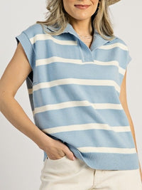 European And American-style Lapel-collar Casual Striped Sleeveless Sweater For Petite Figures