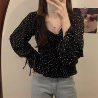 French-style Off-shoulder Square-neck Puffed-sleeve Black Floral Chiffon Blouse