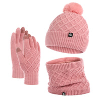 Autumn And Winter Hat Scarf Gloves Knitted Hat Amazon Outdoor Fleece-lined Warm Fur Ball Thickened Woolen Cap Three-piece Set
