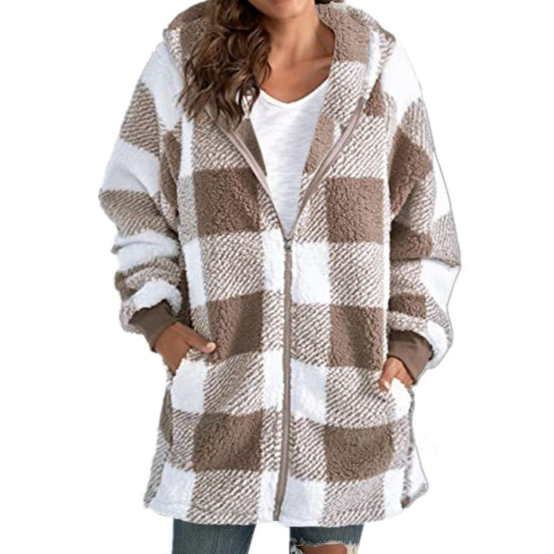 European Velvet Women's Long-sleeved Plaid Hooded Zipper With Pockets Baggy Coat