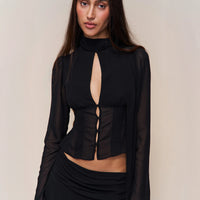 Blouse With Hollow-out Buttons And A Ribbon Tie At The Waist