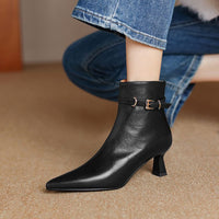 All-leather Fashion Boots Top-layer Sheepskin Stiletto Heel Pointed Toe Side Belt Buckle Chic Retro High Heels