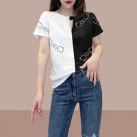 Color Matching Polo Collar Printed Rhinestones Short Sleeve Women's Top