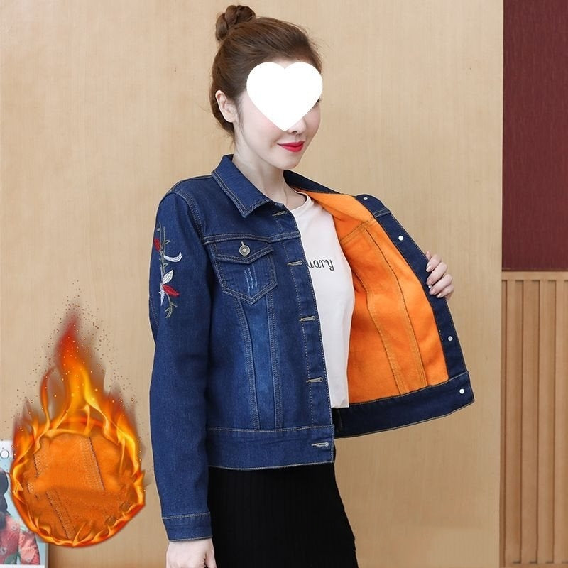 Fleece-lined Thickening Denim Jacket Women's Slim Fit Plus Size Stretch