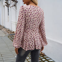 Women's Bubble Sleeve Mori Style Elegant Floral Print Long Sleeve Top