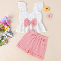 Sweet Flying Sleeve White Bow Top Shorts Suit