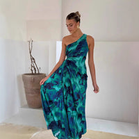 Sexy Oblique Shoulder Sleeveless One-shoulder Printed Pleated Dress