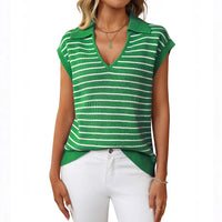 Women's V-neck Knitted Top Casual Striped Collar Sweater