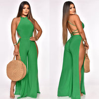 Lace-up Back Jumpsuit Split Leg Casual Trousers Women