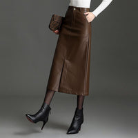 PU Leather Black Mid-length Skirt Womens Autumnwinter Style