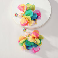 Bohemian Handmade Fabric Chiffon Flower Dangle Earrings For Women Tropical Beach Vacation Party Oversized Statement Jewelry