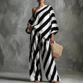 Retro Striped Printed Chiffon Top And Wide-leg Pants Set