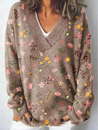 Floral Pattern Printed V-neck Long Sleeve Casual Sweatshirt