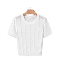 Stylish French-style Crew-neck Mesh Hollow-out Knit Short-sleeve Top