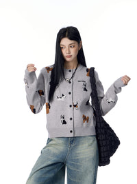 American Retro Gray Puppy Cardigan Sweater