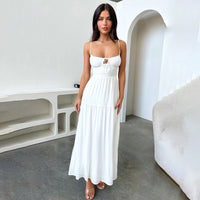 Spaghetti Strap Backless Long Solid Color Flowy Dress