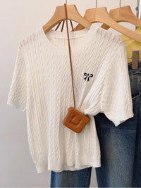 Twist Round Neck Embroidered Short-sleeved T-shirt Short Inner Sweater