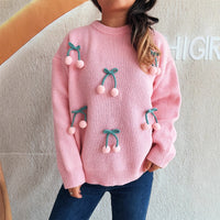 Round Neck Stitching Three-dimensional Cherry Sweater