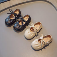 Children Black Korean Style Bow Leather Shoes
