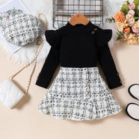 Sunken Stripe Long Sleeve Flying Sleeve Top Plaid Fishtail Skirt Hat Trendy Girl Suit