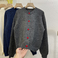 Gray With Heart Button Sweater Coat Women's Loose