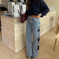 Fashion Casual Five-pointed Star Loose Straight Leg Denim Pants