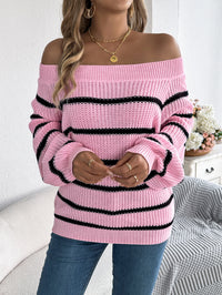Casual Striped Off-Shoulder Lantern Sleeve Pullover Sweater