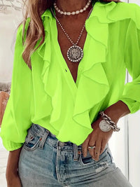 Women's V-neck Long-sleeve Ruffled-trim Top