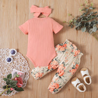 Infant Sunken Stripe Short Sleeve Tight Romper And Printed Trousers Suit