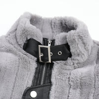 Pocket Color Contrast Patchwork Pu Lamb Wool Stand Collar Coat