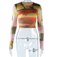 Fashion Tie-dye Printed Round Neck Long Sleeves Cropped Top T-shirt