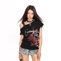 Graffiti Slant-Neck Off-Shoulder Short-Sleeve T-Shirt Women's