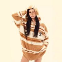 American Patch Letter Stripes Mohair Cardigan Hoodie