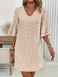 Elegant V-Neck Flared-Sleeve Polka-Dot Gold-Stamped Womens Dress
