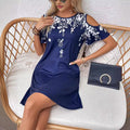 Printed Round Neck Off-shoulder Short-sleeved Midi Dress