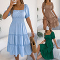 Solid-color Square-neck Short-sleeve Ruffled-edge Dress Womens Clothing