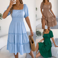 Solid-color Square-neck Short-sleeve Ruffled-edge Dress Womens Clothing