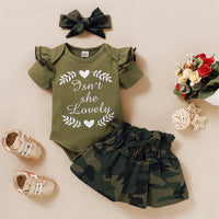 Girls' Letter Print Short Sleeve Top Three-piece Camouflage Skirt