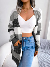 Women Color Block Stripe Lantern Sleeve Casual Cardigan Sweater Coat