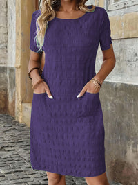 Solid-color Crewneck Woven Non-stretch Womens Dress
