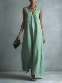 Women's Casual V-Neck Sleeveless Cotton-Linen Dress