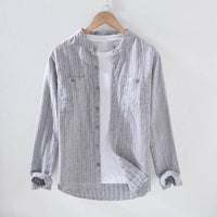 Stripe Double Pocket Chinese Style Stand Collar Casual Cotton Linen Long Sleeve Blouse