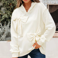 White Solid Color Cute Bow Detail Loose Hoodie