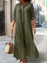 Long Asymmetrical Cotton Linen Dress With A Shirt Collar And Twist Buttons