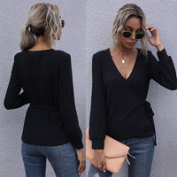 Long-sleeve Solid Color Slim-fit Commuter Black Pullover V-neck Base Layer T-shirt For Women