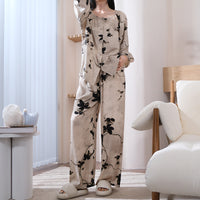Womens Loose-Fit Long-Sleeve Long-Pants Printed Loungewear Set